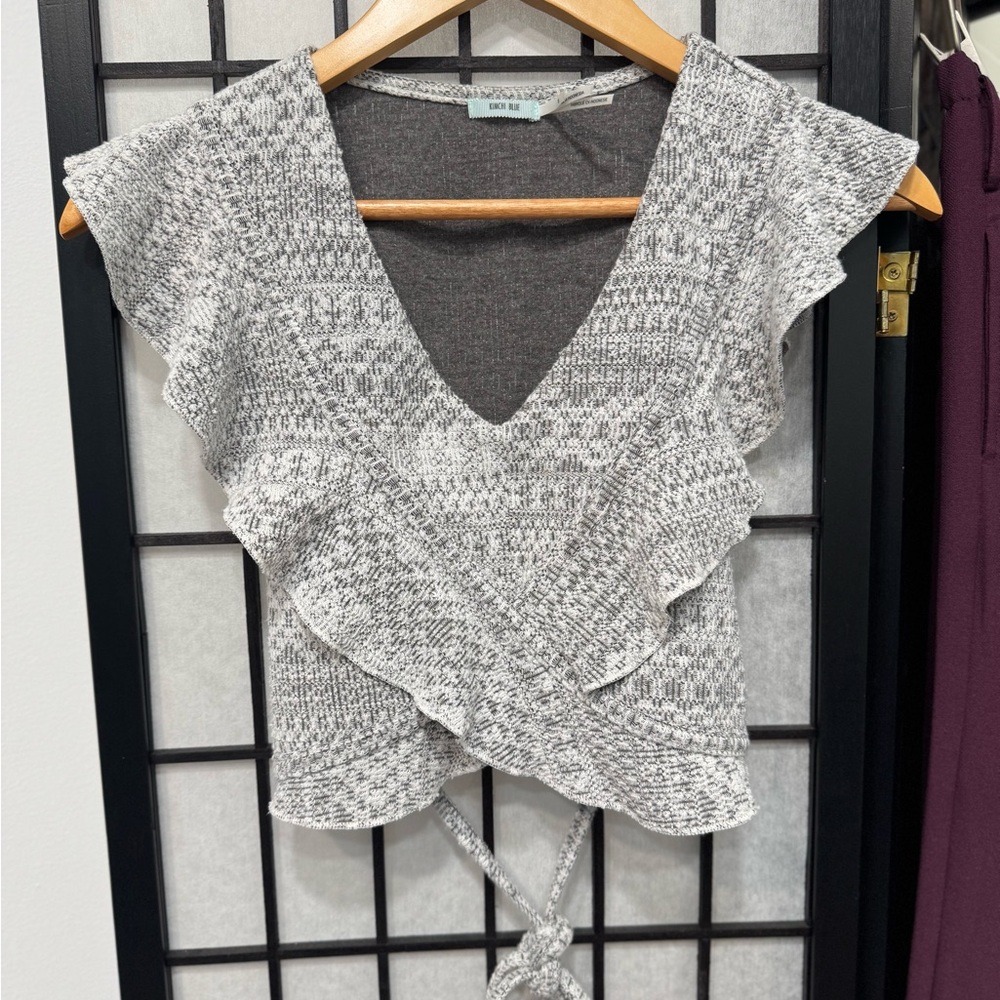 Kimchi Blue Gray Flutter Sleeve Wrap Blouse